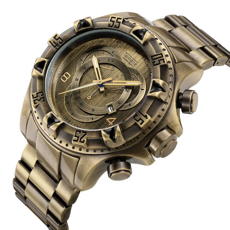 Reloj de hombre Retro Color bronce esfera grande tres ojos reloj de pulsera  deportivo de cuarzo calendario resistente al agua reloj de pulsera de acero  inoxidable - AliExpress