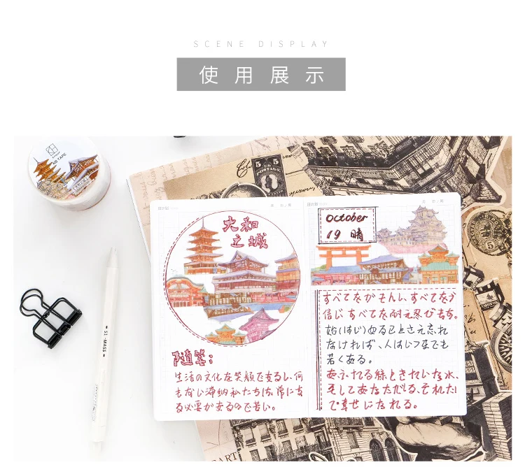 City architecture and paper tape creative hand decoration stickers beautiful print paper diary paste wide