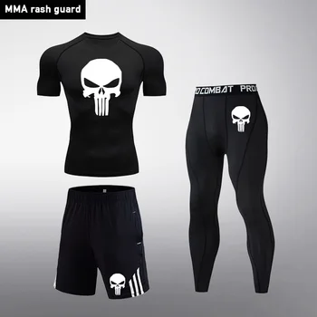 

Running suit Man MMA tactical T-shirt Shorts Compression Clothing Mens Punisher Skull Short sleeve set Track sport suits male