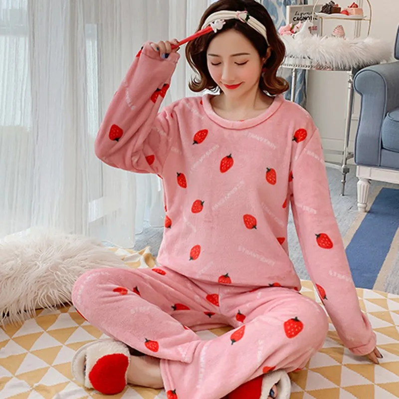 Женская пижама, набор, Осень-зима, Kawaii, мультяшный принт, ночная рубашка, милая одежда для сна, Повседневная Домашняя одежда, женская одежда для сна, Pijama Mujer