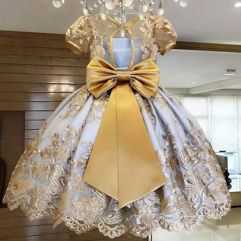Luxury Princess Party DressBaby Girl Clothes Flower Lace Dresses for Girls Yellow Print Birthday Cute Children Clothing | Детская одежда