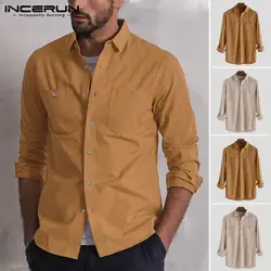 INCERUN 2019 модная мужская брендовая рубашка, однотонная хлопковая уличная рубашка с карманами на пуговицах, высокое качество, рубашка для