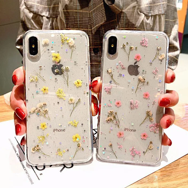 

For Iphone 11 Pro X 7 Real Flower Transparent Floral Phone Case For Iphone 11 Pro X Max XR XS 6 6s 7 8 Plus soft Silicone Cover