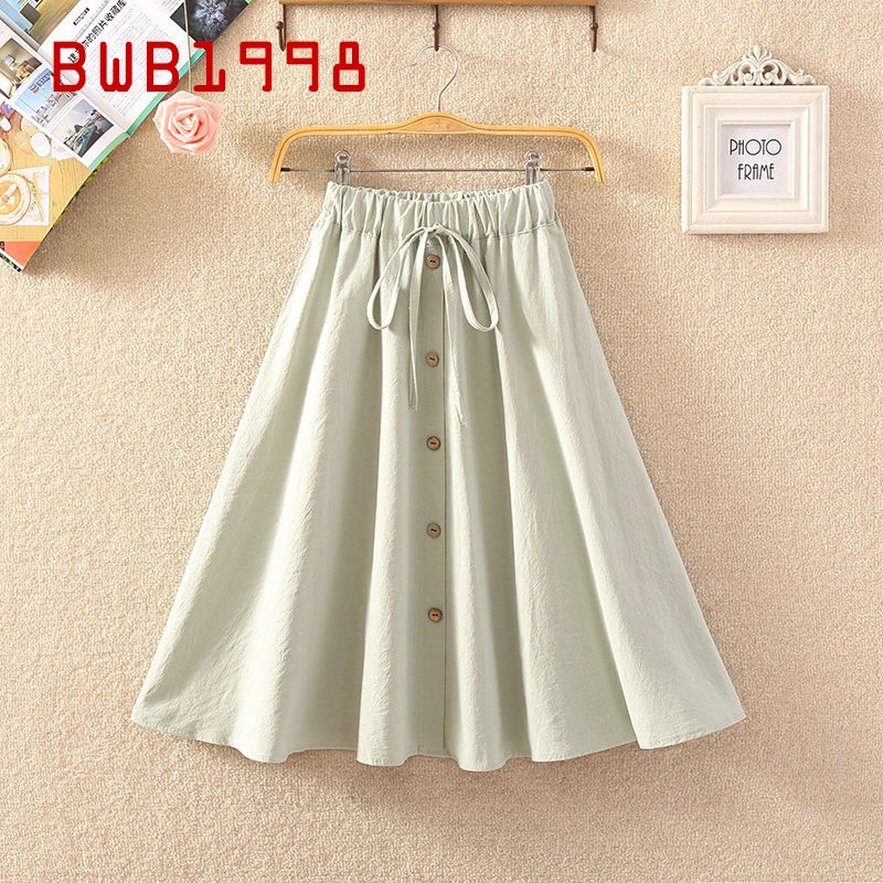 

BWB1998 Skirt Summer 2020 New Solid Color Cotton and Linen Skirt Single-breasted Suitable for Thick Thigh Korean Style Skirt