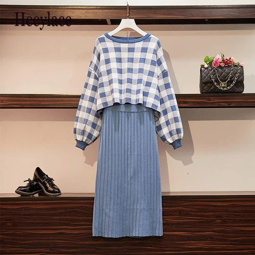 

Korean Women's Knitted Clothing Set Batwing Long Sleeve Plaid Sweatshirts+Elastic Waist Pencil Skirt Set Female Knitted 2pcs Set