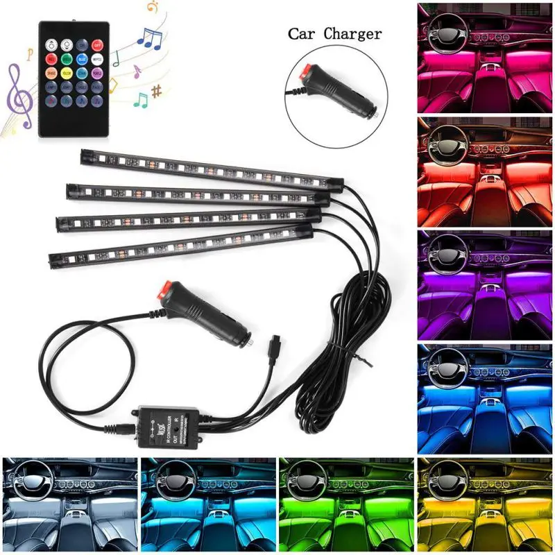 

7 color Auto Car Interior RGB color 12 LED Strip Light Kit Wireless Music Control Decorative Light