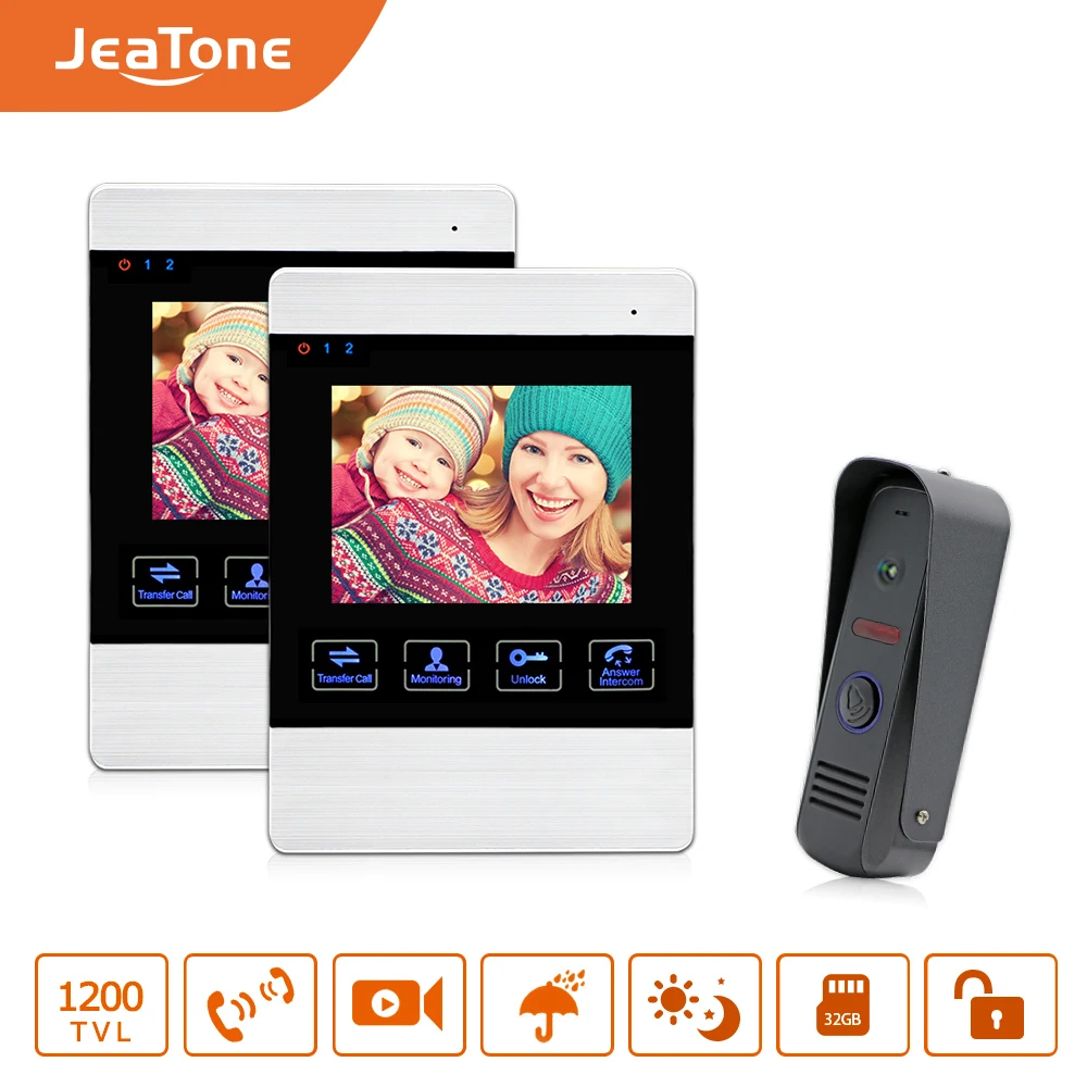 JeaTone 4\ HD Color Monitor 1200TVL High Resolution Video Record Door Phone Door Bell Intercom System Night Vision Speakerphone