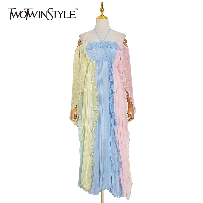 TWOTWINSTYLE Casual Patchwork Ruffles Summer Dress Women V Neck Spaghetti Strap High Waist Hit Color Mesh Dresses Female Fashion TWOTWINSTYLE Casual Patchwork Ruffles Summer Dress Women V Neck Spaghetti Strap High Waist Hit Color Mesh Dresses Female Fashion