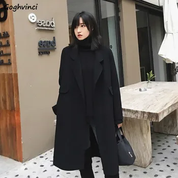 

Long Wool Women Korean Coat Slim High Quality Warm Womens Open Stitch Elegant Ladies Clothes Hot Sale Blends Casual Black Coats