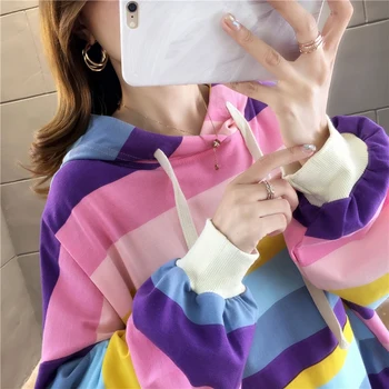 

latest The Spring Autumn Women Simple Cute Rainbow Color Matching Sweater Autumn Loose Long Sleeve Hat Collar Short Sweater
