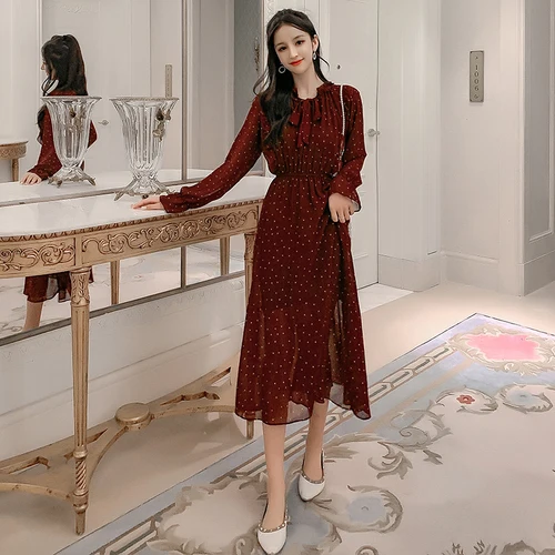 Herbst Chiffon Kleider 2020 Nes Mode Casual Langarm Floral Print Party Kleid  Weibliche Hohe Elastische Taille Bohemian Kleid|Dresses| - AliExpress