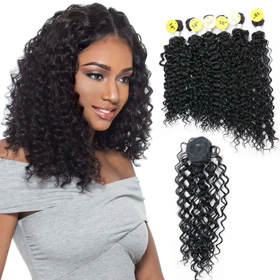 Kinky Curly Hair Weave Bundles With Closure Natural Black 7Pcs/Lot 14-18 Inch Synthetic High Temperature Fiber Hair Extensions - Цвет: Black