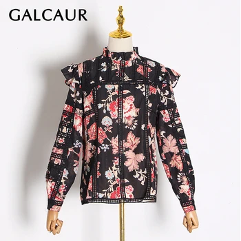 

TWOTWINSTYLE Vintage Print Ruffle Shirts For Women Stand Collar Long Sleeve Shirt Female 2020 Autumn Fashion New Clothing