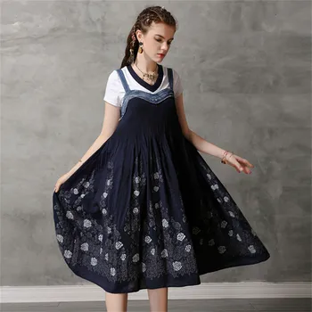 

Women Loose Slip Dress 2020 Vintage Summer Embroidery Patchwork Women's Dresses pleated Rose Female Dress 2181 Vestidos
