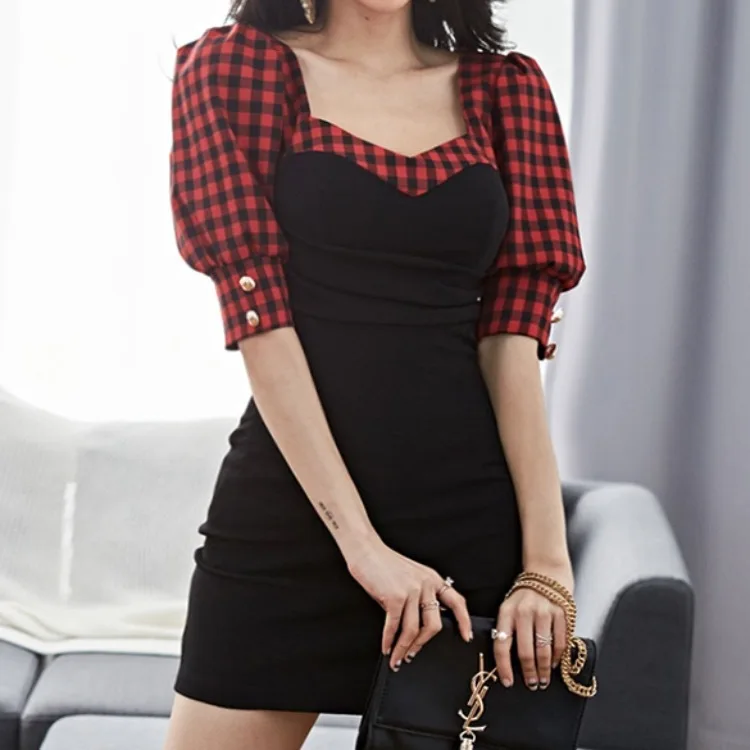 

WOMEN'S Dress 2020 Spring New Style Korean-style Slim Fit Elegant Plaid Stitching Peach Collar Sheath Small Dress