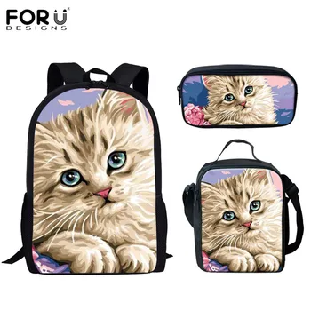 

FORUDESIGNS Backpacks Sets for Children Cute Cats Pattern Casual Orthopedic School Bags for Primary Students Canvas Mochila