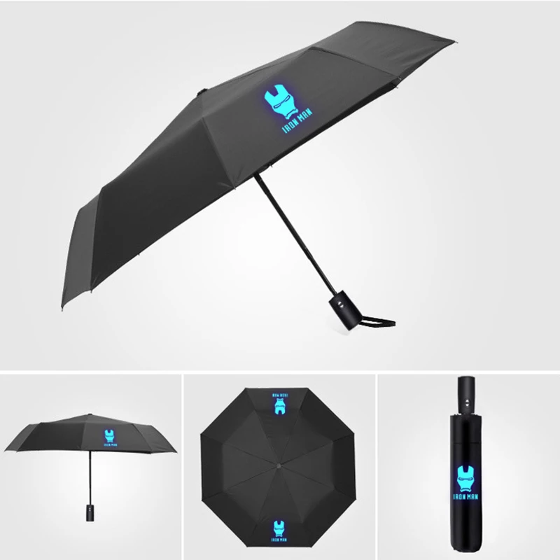 Креативный Зонт Железный человек Марвел Мстители автоматический ночной мерцающий трехскладной Солнечный дождь двойного использования зонтик UPF> 50
