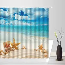 

Ocean Starfish Beach Landscape Shower Curtain Seashells sea Scenery Tropical Coconut Tree Fabric Bathroom Curtain with Hooks