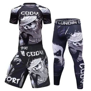 

Men Compression Running jogging Suits Clothes Sport Set panda T-shirt And Pants Gym Fitness workout Tights clothes 4pcs / sets