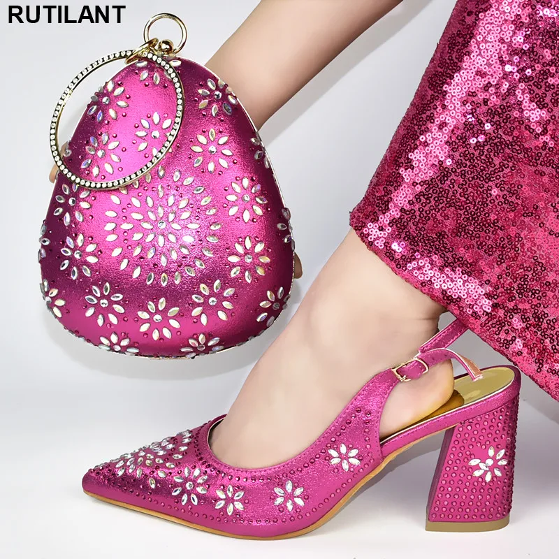 

Latest Italian Shoes with Matching Bags High Quality Decorated with Rhinestone Wedding Shoes Bride Cristal Elegant Crystal Shoes