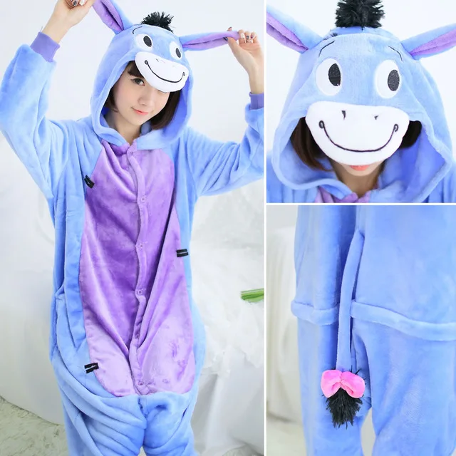 Kigurumi единорог пижамы Ститч взрослых животных Onesie женщин мужчин пара зима пижамы костюм кошка пижамы фланелевые пижамы - Цвет: donkey