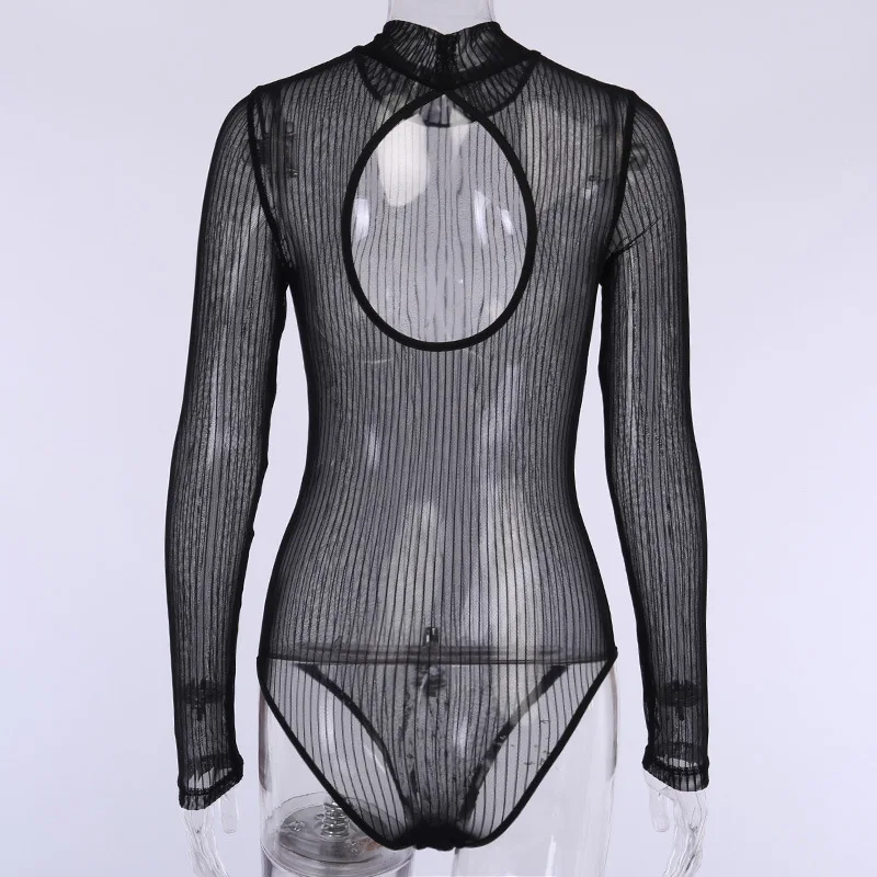 Shestyle Black See Through Mesh Striped Hole Scoop Back Mock Neck Sexy Summer Bodysuits Women Fashion Ladies Rompers  Bodies mesh bodysuit