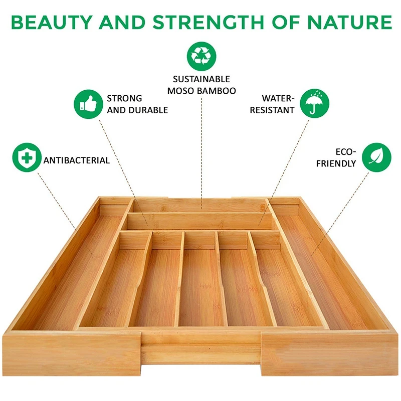 Bamboo Kitchen Drawer Organizer- Expandable Silverware Organizer/Utensil Holder And Cutlery Tray With Grooved Drawer Dividers f