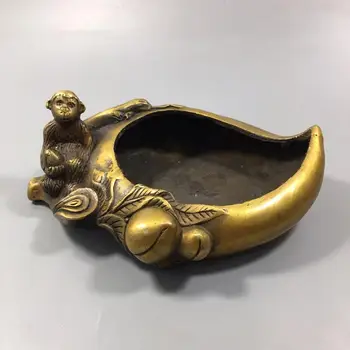 

Chinese Old Copper Collection Pure Copper Monkey peach pen wash ashtray