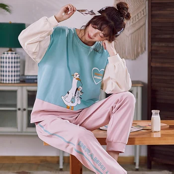 

Autumn Winter Cotton Cartoon Pajamas Set Women Pyjamas Homewear Long sleeve Sleepwear Plus size Home Clothes Night suit Female