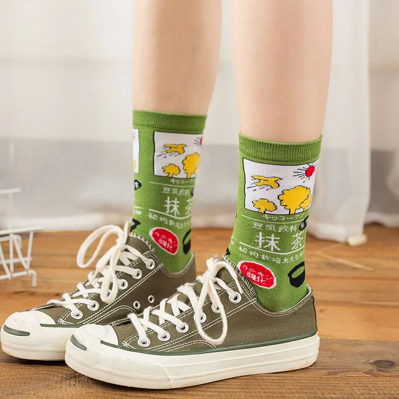 Cartoon Sweet Strawberry Coffee Stripe Letter Women Crew Socks Warm Funny Cute Fashion Casual Art Skarpetki Kawaii Happy Sock