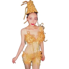 

Personality Appliques Pearl Headwear Sling Playsuits Embellished Beaded Costumes Nightclub Party Evening Costume Dance Wear Lady