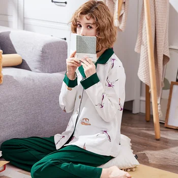 

Women Pajamas Set Autumn Doll Collar Princess Style Cute Print Long Sleeve Sleepwear Young Girls Comfortable Cotton Home Clothes