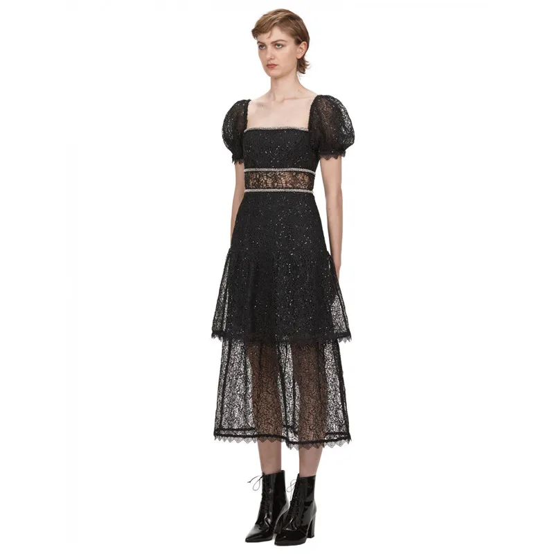 Зимнее Новое поступление Элегантное Черное Кружевное женское платье с вышивкой Сетчатое кружевное сексуальное вечернее платье миди