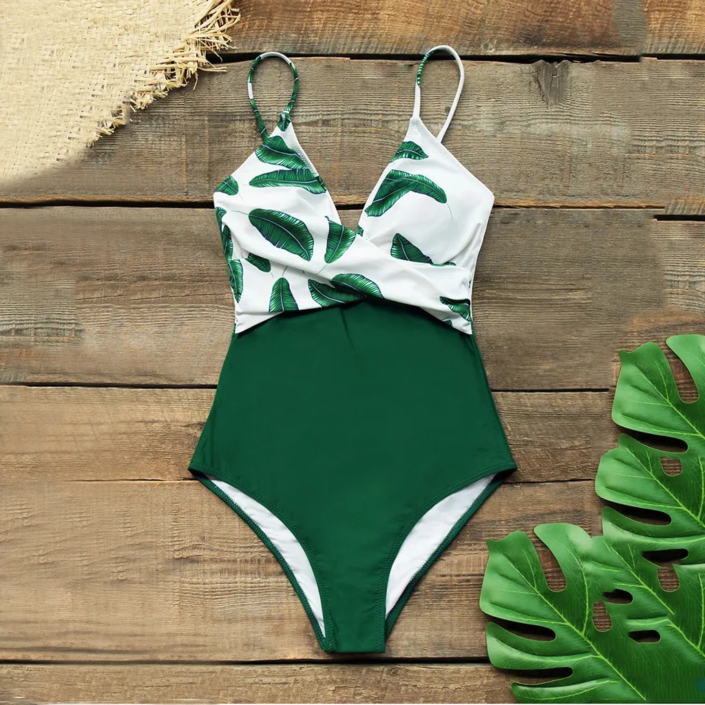 JAYCOSIN large size stitching color swimwear women sexy one-piece green leaves print bikini sling beach bath new swimwear 2020 