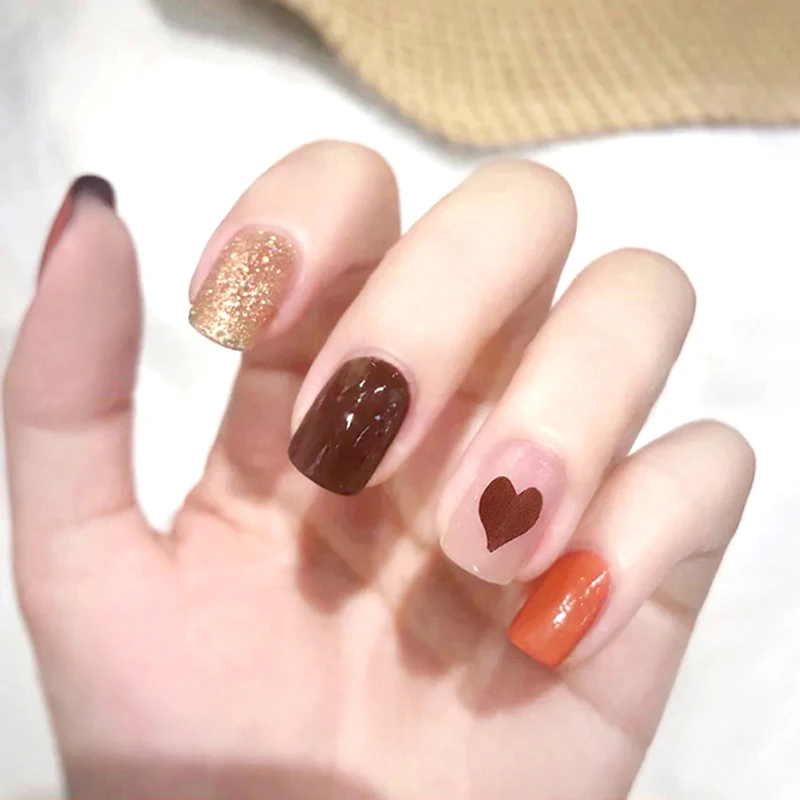 24Pcs Fake Nail Tips For Women Nails With Glue Love Heart Print Designs Press On False Finger Nail