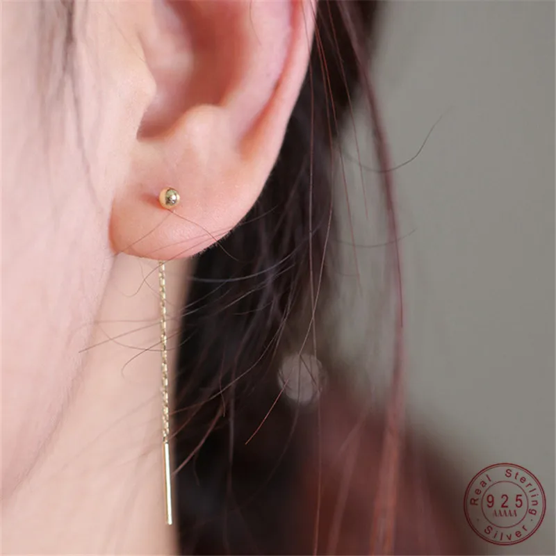 925 Sterling Silver 14K Gold Plating Round Bead Stud Earrings Women Long Line Tassel Earrings Temperament Wedding Jewelry