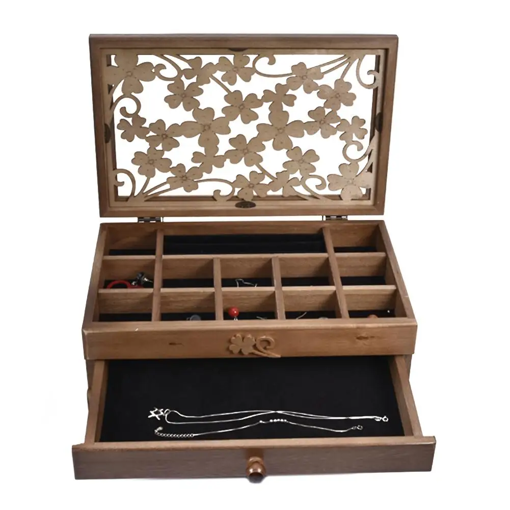 New 3-Layer Cherry Jewelry Storage Box Wooden Jewelry Bag Organizer Case With 3 Drawers Dark Brown For Earrings Necklace Hairpin