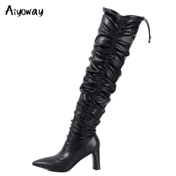 

Aiyoway New Sexy Pointy Toe Over The Knee Boots Women Black Cow Leather PU Slim Fit Autumn Party Pleate Thigh High Shoes