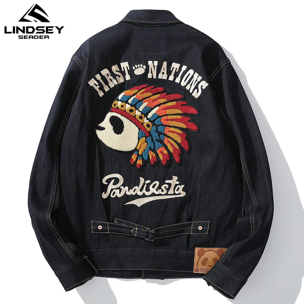 LINDSEY SEADER Indians Embroidery Print Denim Jacket Coats Hip Hop Punk Rock Casual Jeans Jackets Streetwear Men Fashion | Мужская