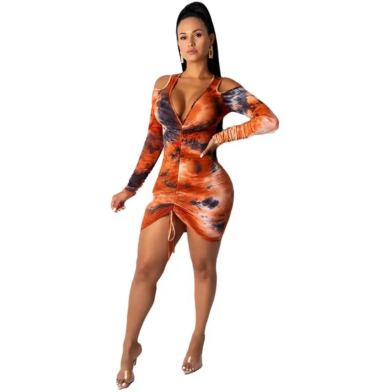 

Deep V Neck Sexy Ruched Short Dress Autumn Long Sleeve Cut Out Printed Dress Fashion Draw Cord Mini Sheath Dress YY5093