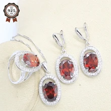 Красный Циркон 925 Серебряный набор украшений для женщин серьги ожерелье кулон кольцо подарок на день рождения