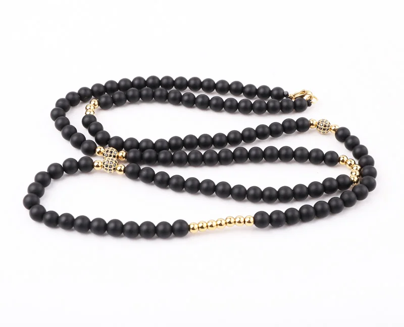 New Design Natural Stone Matte Onyx Stainless Steel Beads CZ Pave Ball Men Long Necklace 32inches Jewelry Gift Male - Image 3