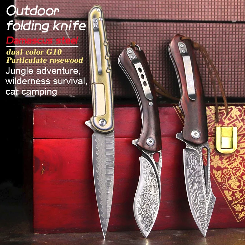 

High end Damascus steel outdoor folding knife Japanese ebony handle folding knife hunting knife pocket folding knife