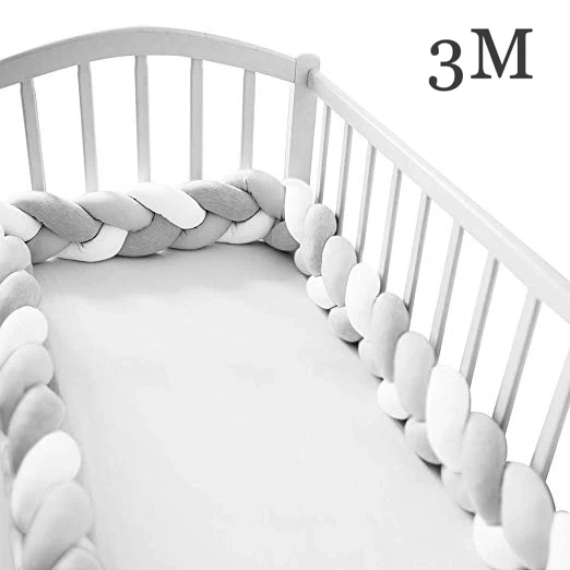 GREY-WHITE 3M Детская кровать бампер 2 м 3 м 4 м длинная завязанная узлом, заплетенная кроватка для новорожденного кроватки ограждение Коврик защитный узел Защитные подушки, Постельные Принадлежности Декор для младенцев 2 м/3 м - Цвет: GREY-WHITE 3M