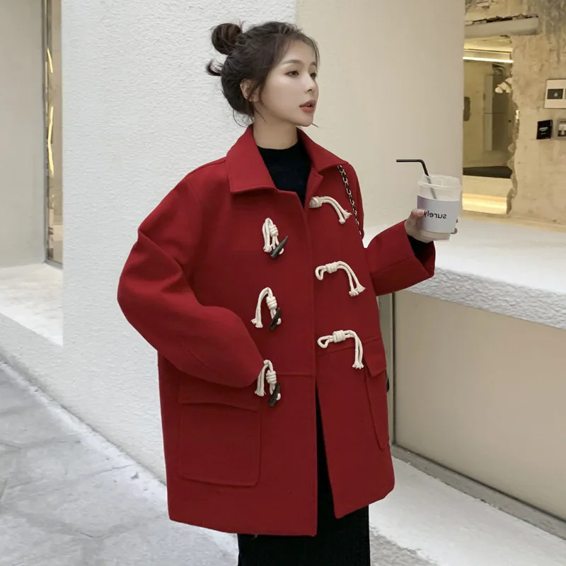 

Red Toggle Woolen Jacket Women's Short-height 2020 Winter Korean-style Students Loose Thick Short Duffle Coat