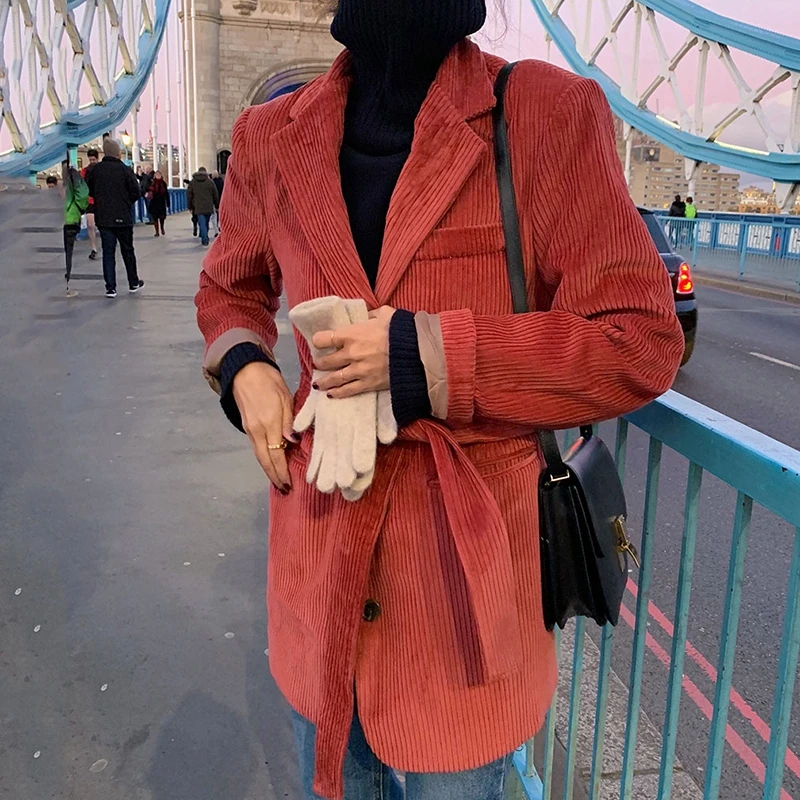 RealShe, Однотонный женский костюм с поясом, отложной воротник, карманы, Женский блейзер, весна, повседневный винтажный Модный Женский блейзер