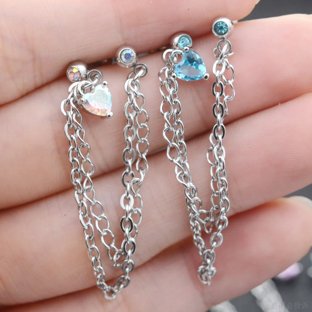 Stainless Steel Tassel Earrings Ear Piercing Dangle Jewelry 1Pc Zircon Heart Tragus Helix Piercing Lobe Stud piercing jewelry,body piercing jewelry,body jewelry,ear piercing jewelry