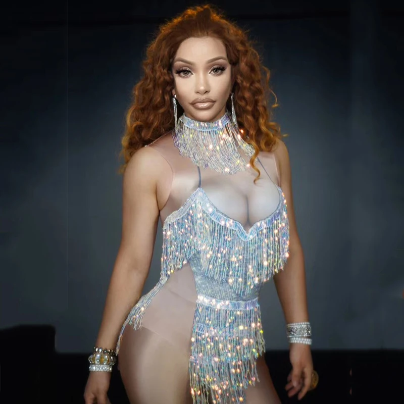 Боди с блестками и бахромой для женщин, певица, танцевальный наряд для сцены, сексуальный купальник с кисточками, костюм для праздника, одежда для рейв DJ1551