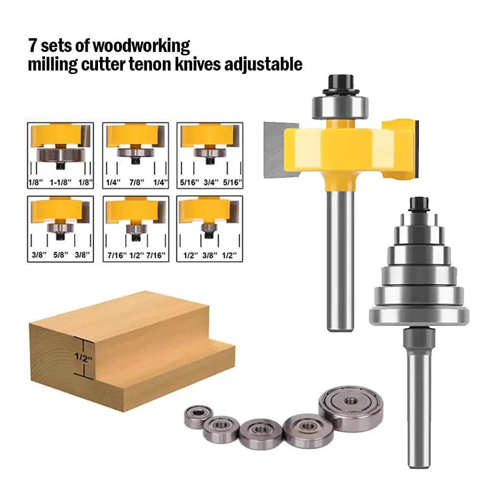 

1/4 Inch Shank 1-3/8 Height Multi Rabbet Router Bit Set (6 Bearings Multiple Depths ) Interchangeable and Adjustable Bearing.