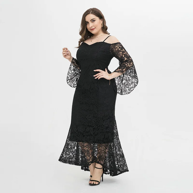 plus size lace off shoulder flare dress
